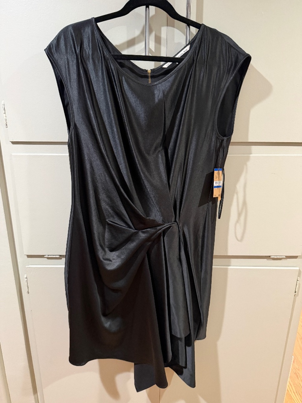 NWT Rachel Roy Black Satin Draped Dress XL Asymmetrical Knot Detail